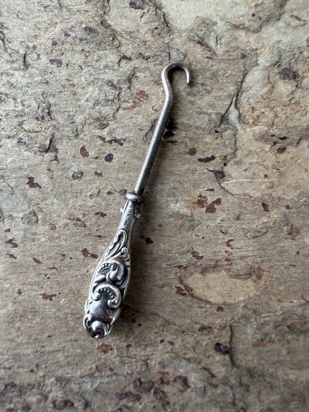 Antique Sterling Silver Art Nouveau Victorian Sewing Button Clothing Hook Ornate